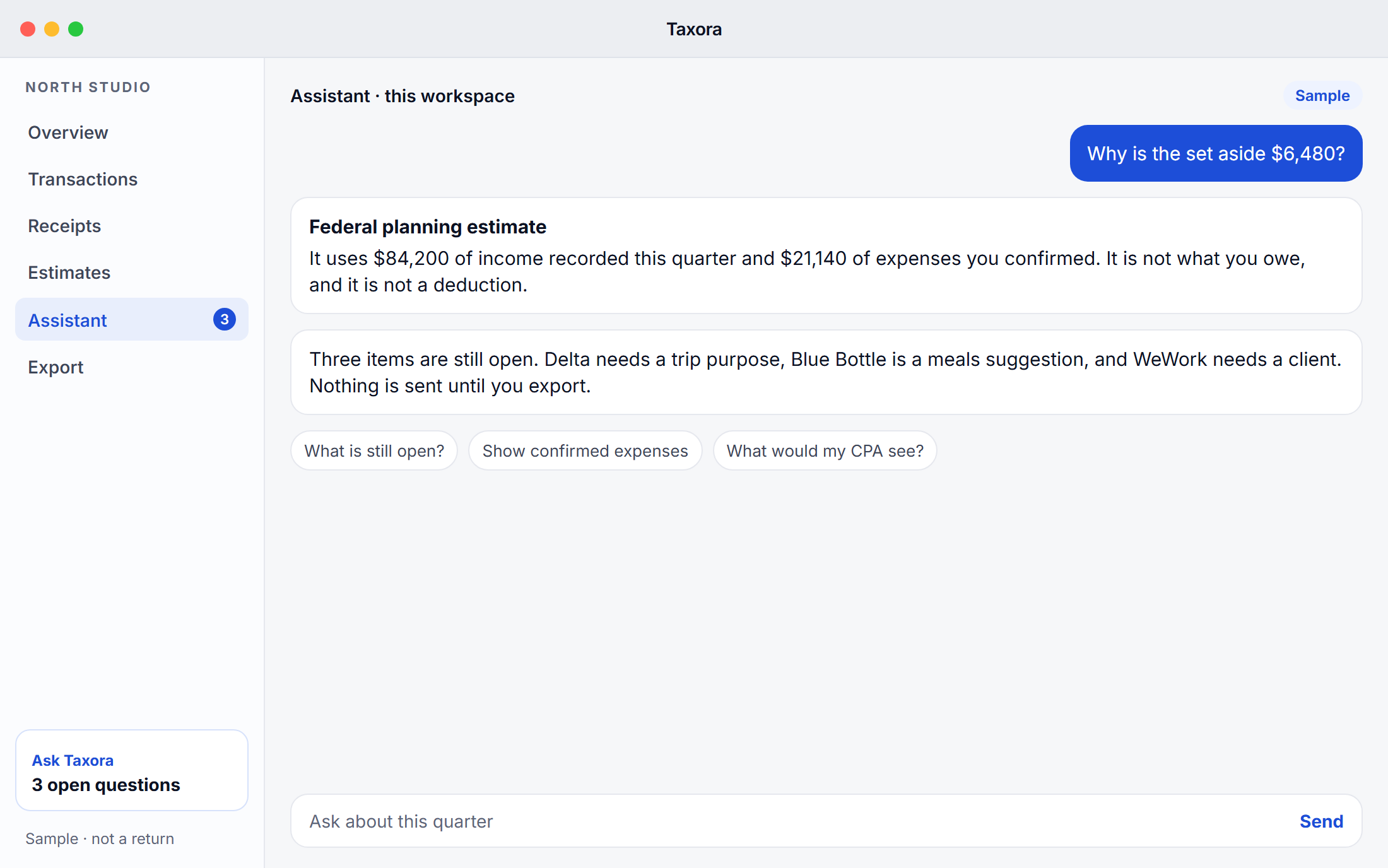 Taxora assistant on macOS explaining the $6,480 sample set-aside. Sample estimate, not a tax return.