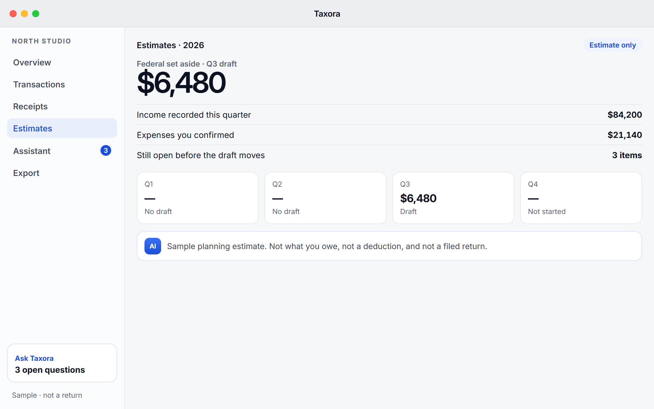 Taxora on macOS, sample quarterly estimates. The $6,480 figure is a draft estimate, not a tax return.