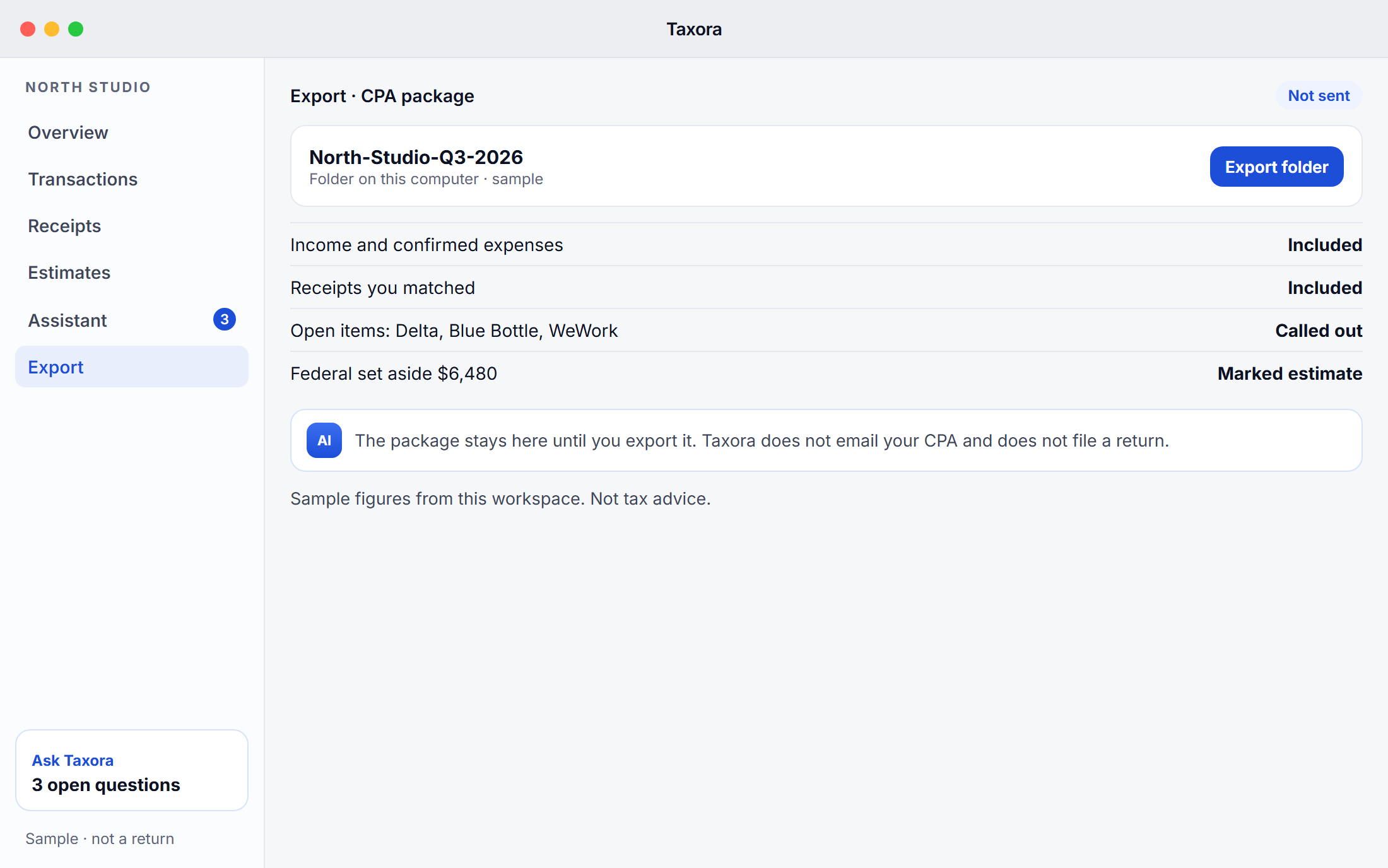 Taxora on macOS, a sample CPA package that has not been sent. Not a filed tax return.