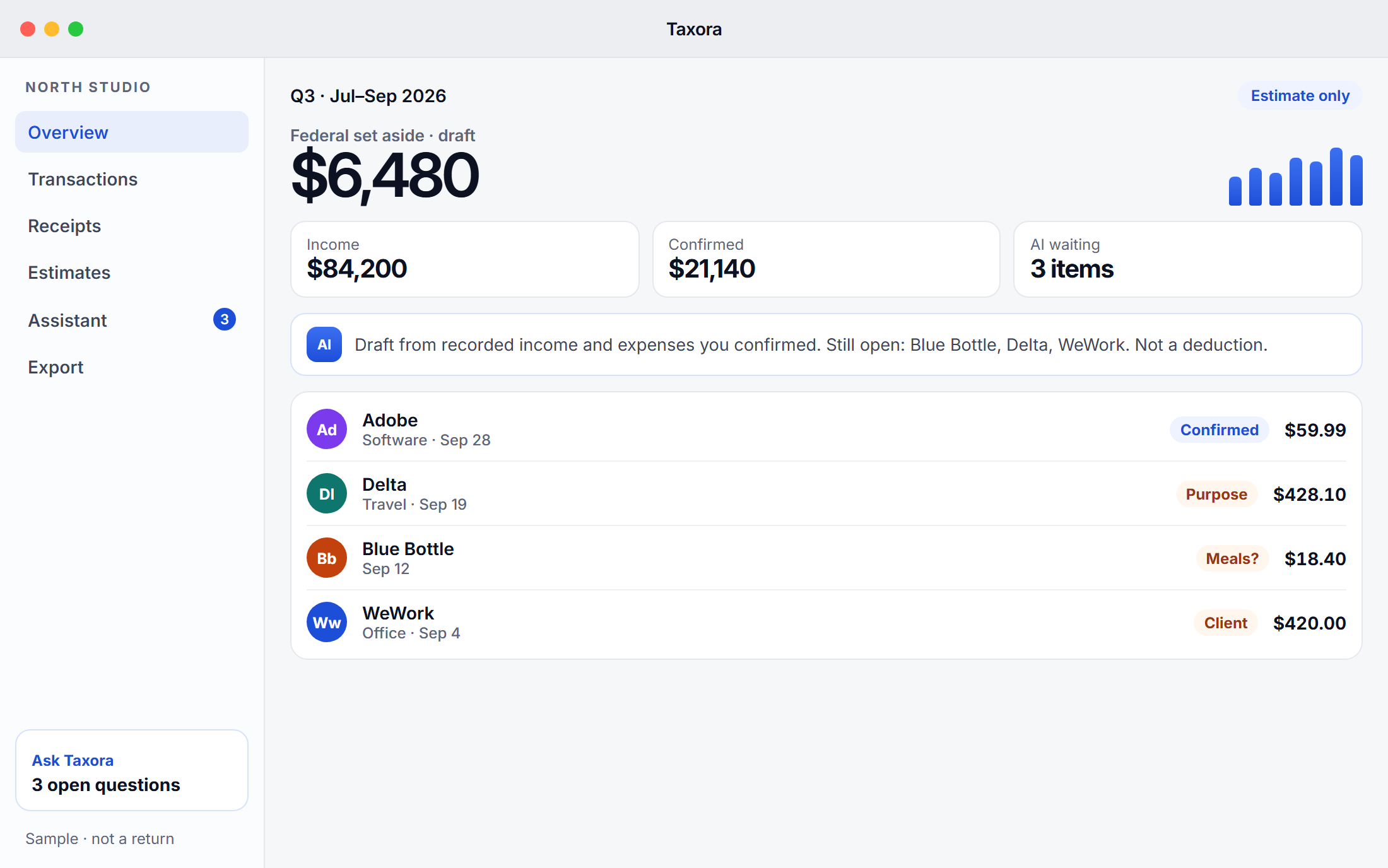 Taxora on macOS, sample quarter overview. The $6,480 federal set-aside is a sample estimate, not a tax return.