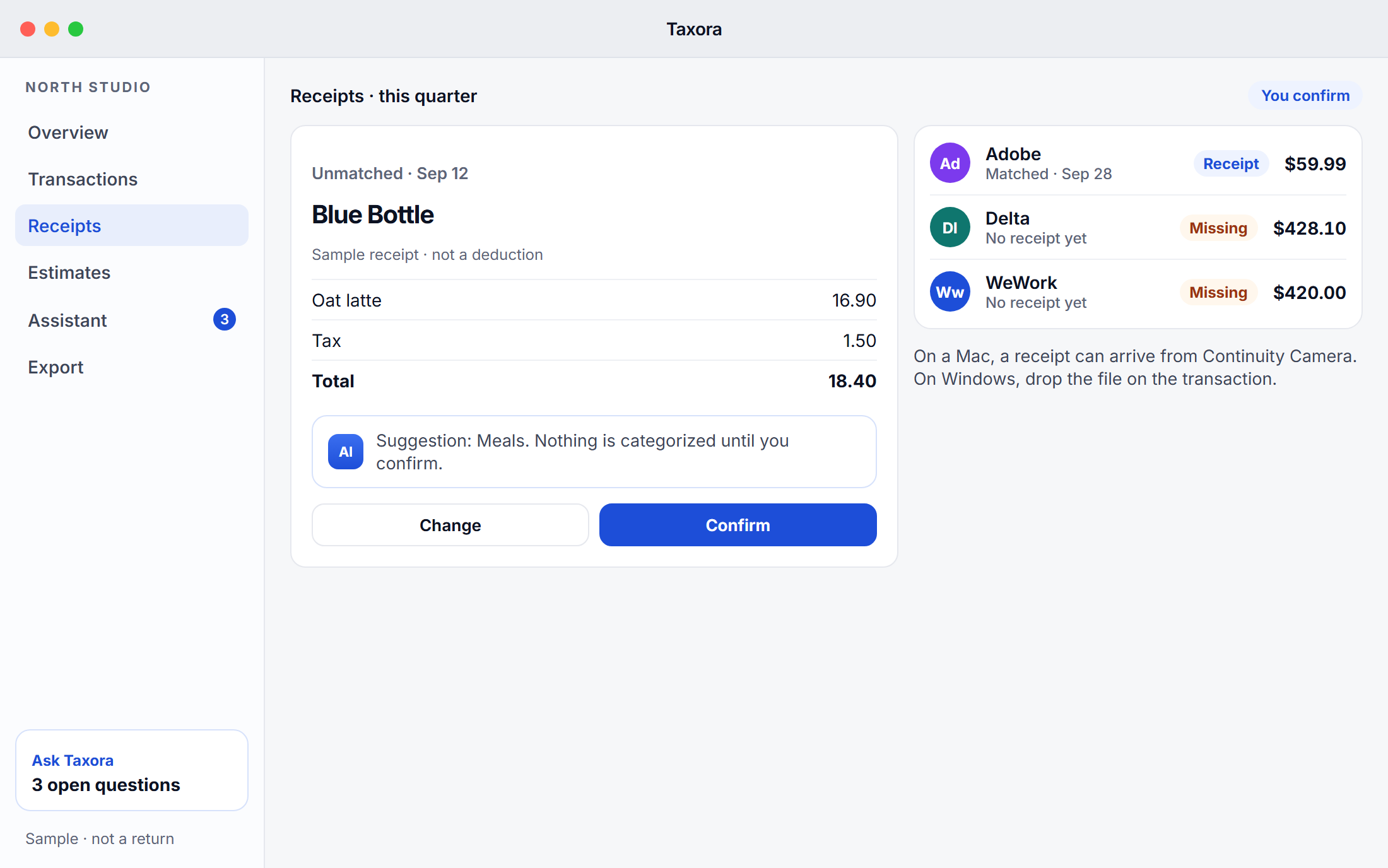 Taxora on macOS, a sample Blue Bottle receipt waiting for confirmation. Not a tax return.