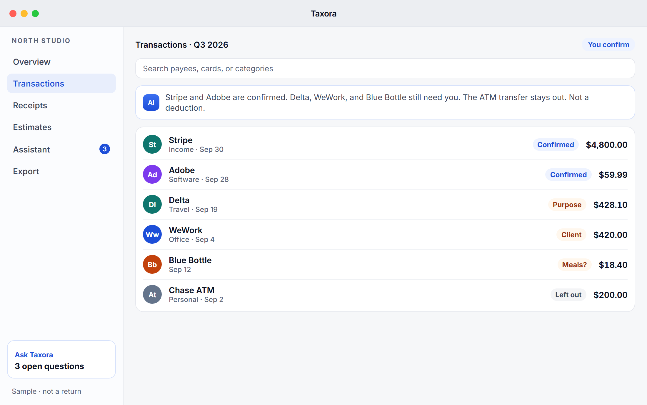 Taxora on macOS, sample transactions for a quarter. Figures are sample estimates, not a tax return.