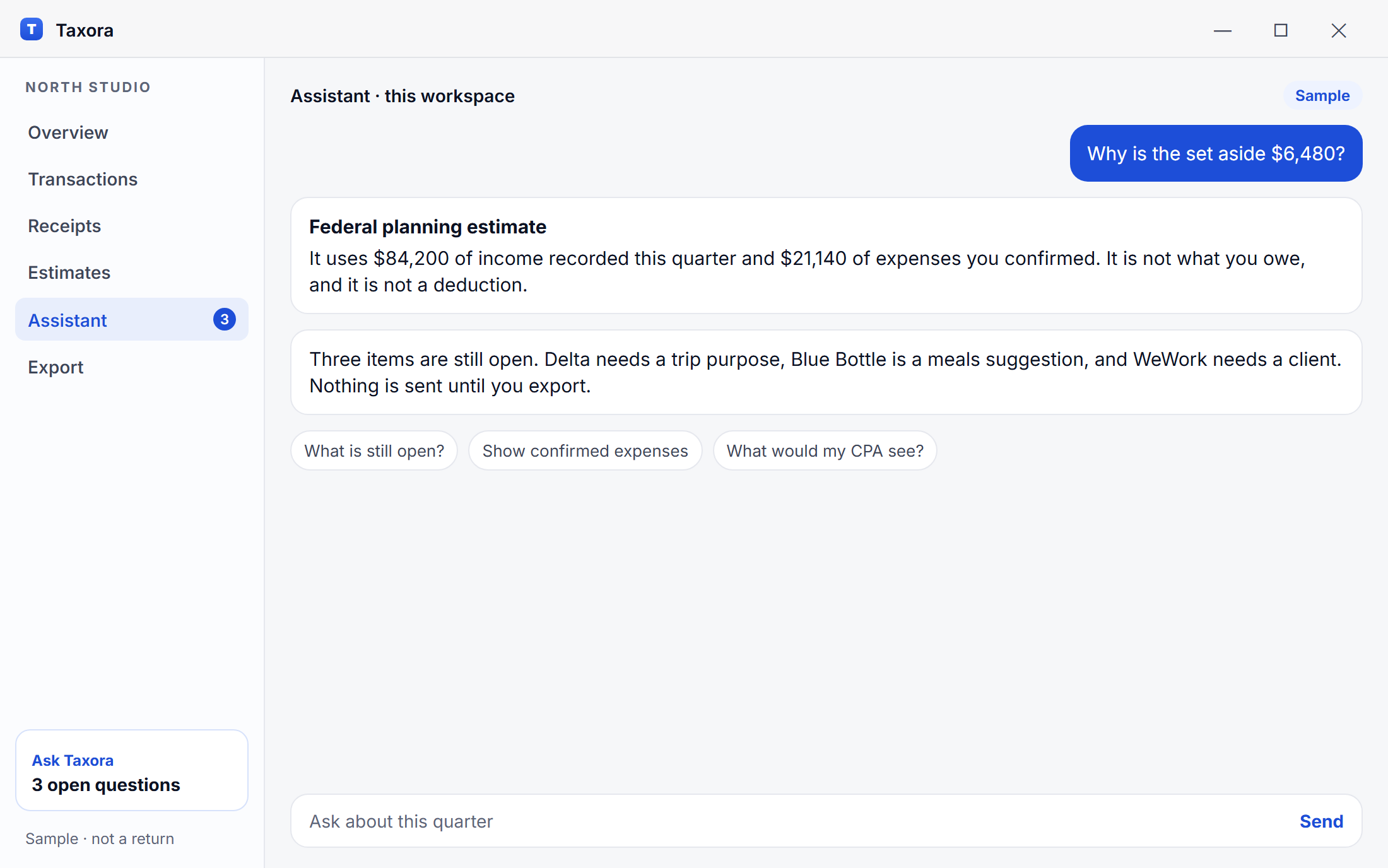 Taxora assistant on Windows explaining the $6,480 sample set-aside. Sample estimate, not a tax return.