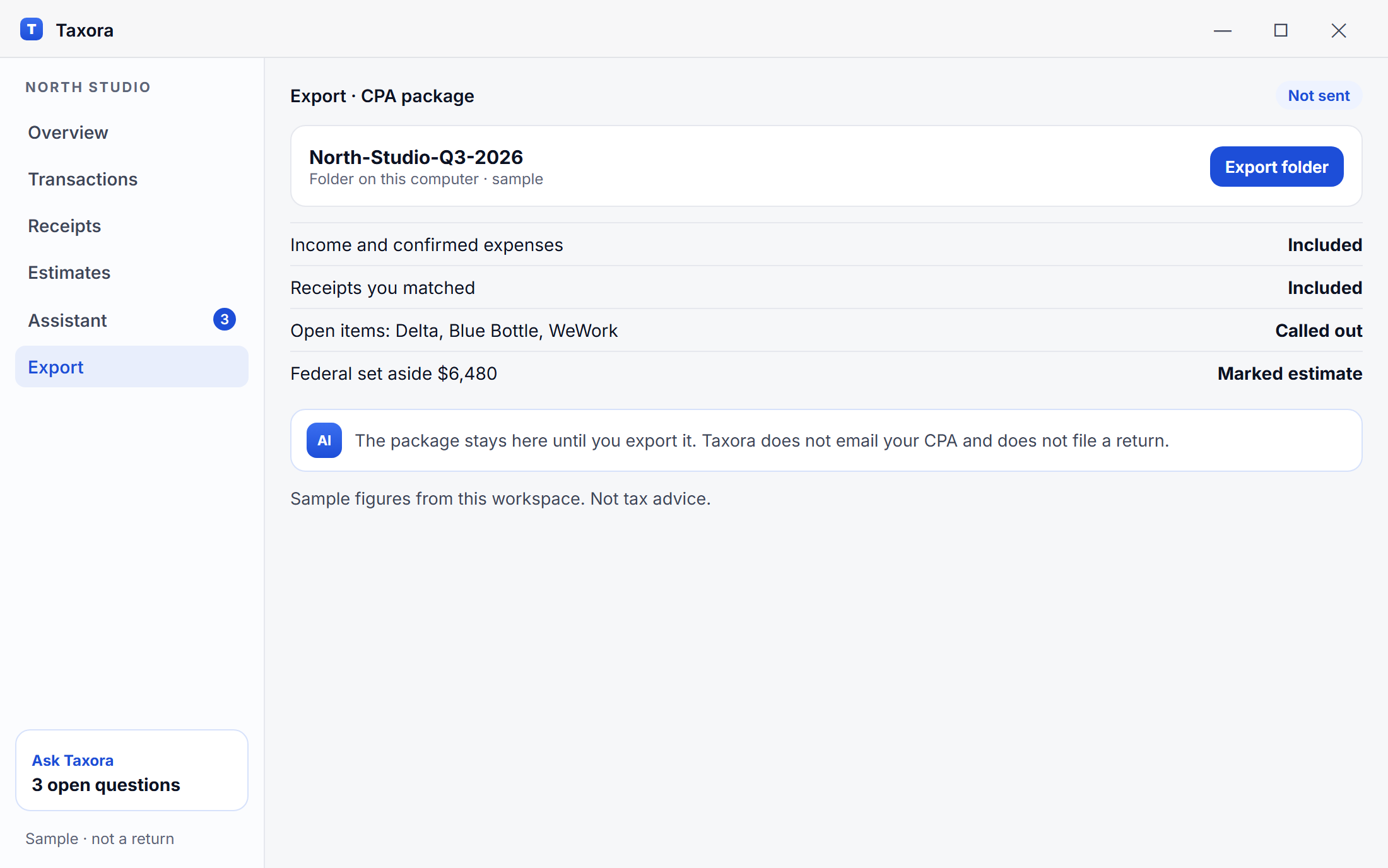Taxora on Windows, a sample CPA package that has not been sent. Not a filed tax return.