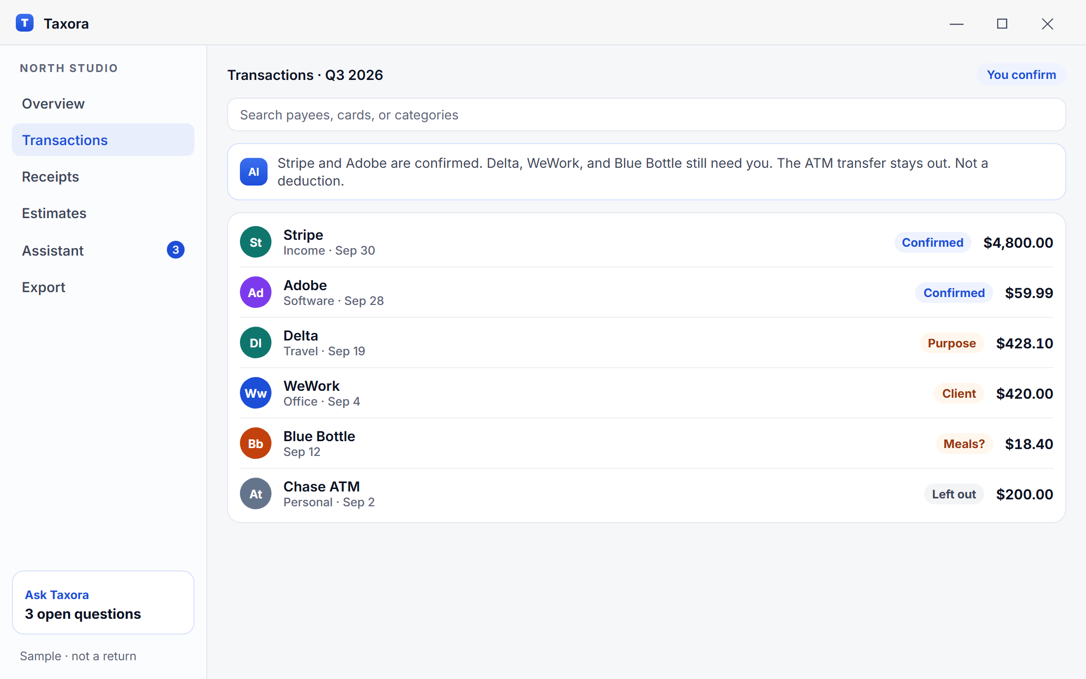 Taxora on Windows, sample transactions for a quarter. Figures are sample estimates, not a tax return.